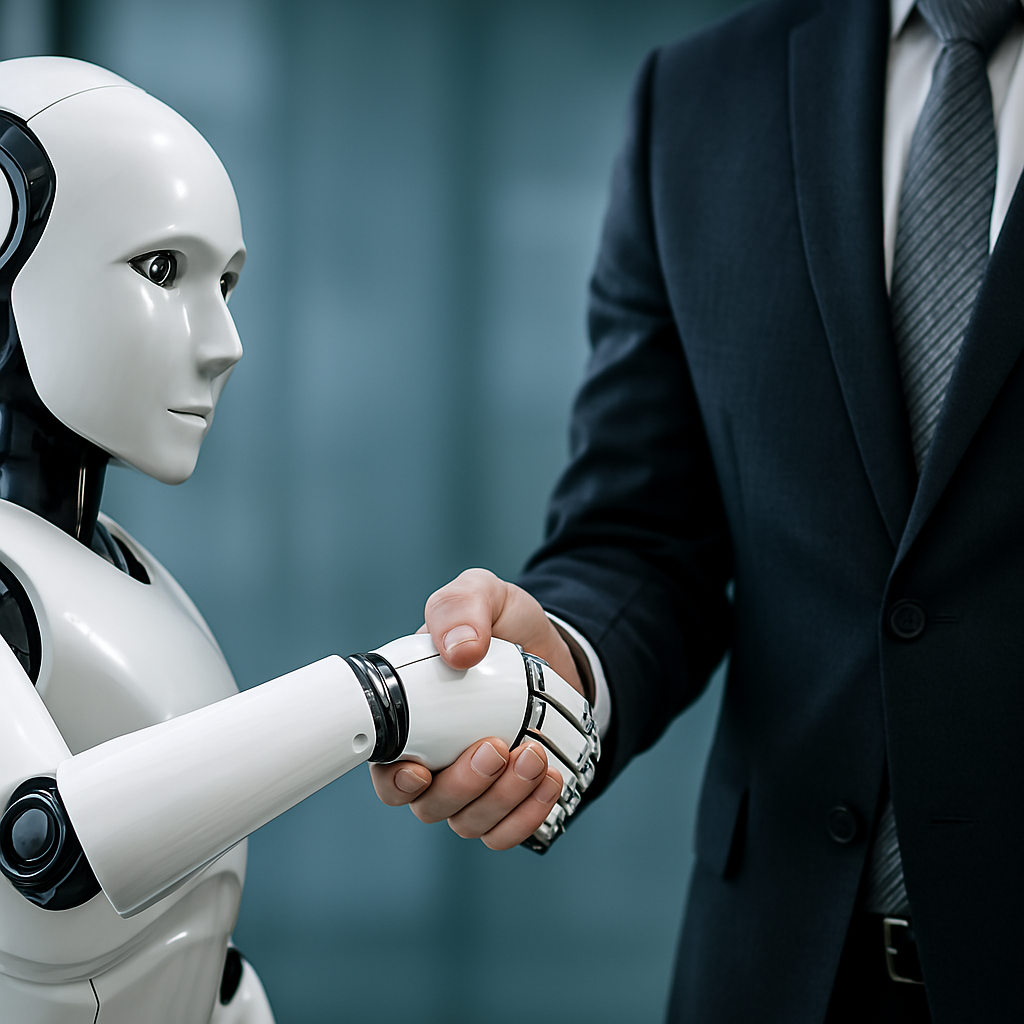 AI shaking hands with his human employer