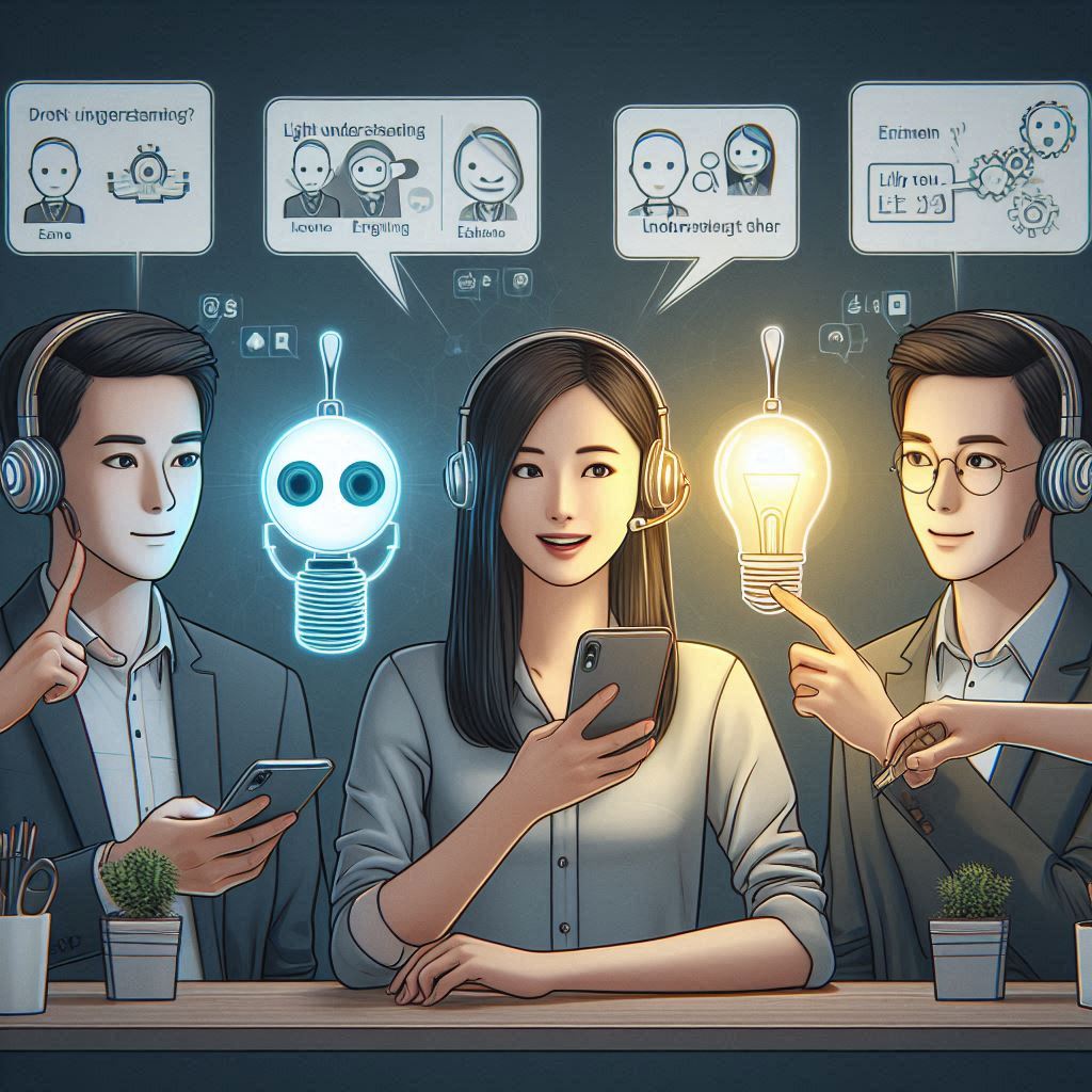 three people talking to each finally getting to that light bulb moment as a meathor to explain prompt engineering